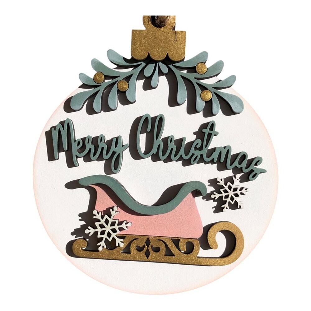 Whimsical  Merry Christmas Holly Snowflake Sled Ornament Hand Painted Wood